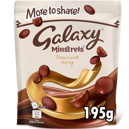 Galaxy Minstrels Chocolate Pouch 195g A Chocolate Sharing Bag of Smooth Milk Chocolate Buttons in a Crispy Shell. The Perfect Indulgent Movie Night Treat Snack for Roadtrips & Gift for Picnics
