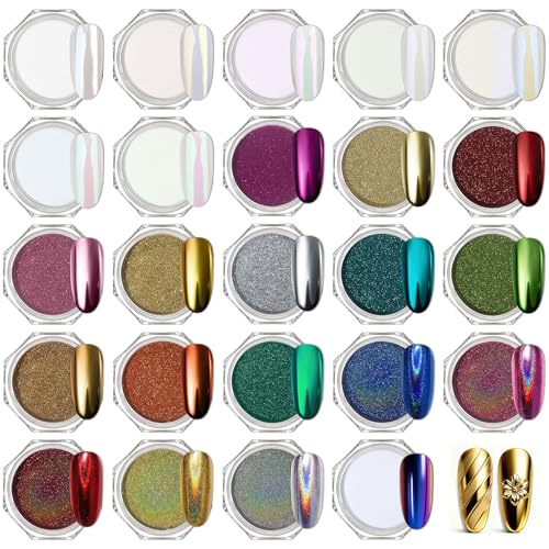 Artdone 24Jars Chrome Nail Powder Magic White Pearl Kit Colored Mirror Effect Silver Gold Metallic Stuff Holographic Nail Pigment Powder for Resin Craft & Nail Art Accessories Decoration Supplies