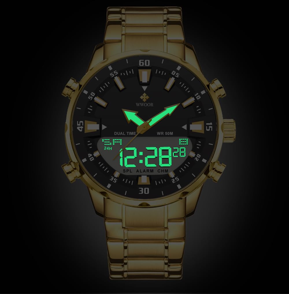 Gosasa Montre analogique à quartz pour homme - En acier inoxydable - Style sportif - Style décontracté - Style militaire - Étanche - LED