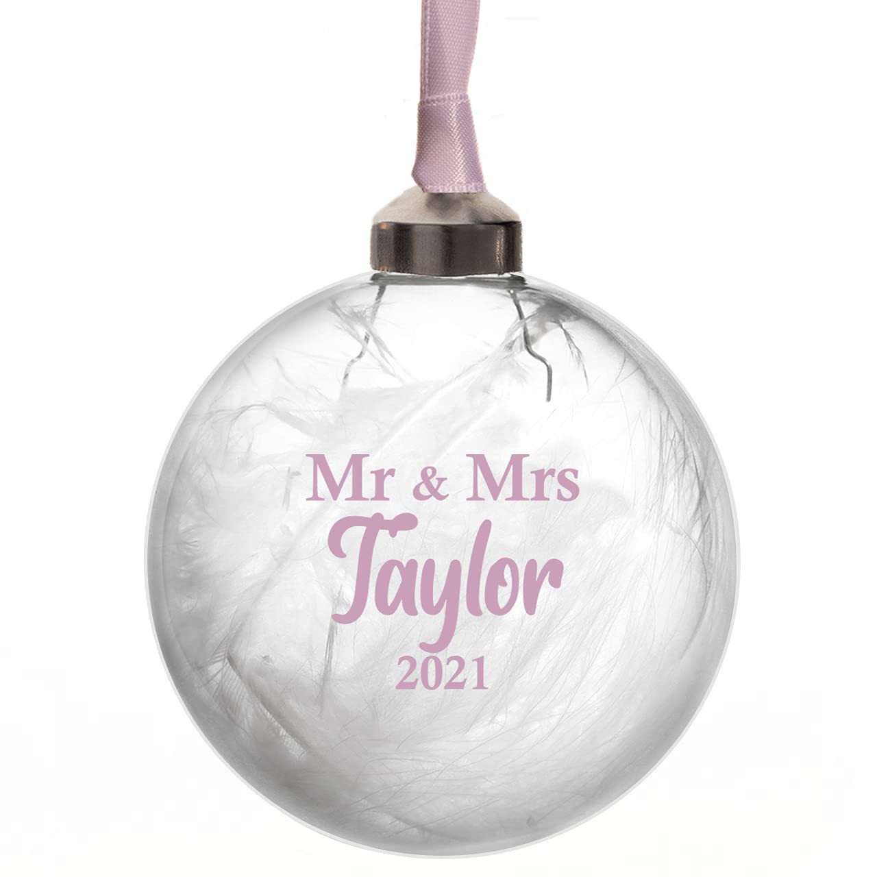 Personalised Mr and Mrs Glass Bauble Filled with White Feathers available in 10 Colours Mr and Mr or Mrs and Mrs (Pink)