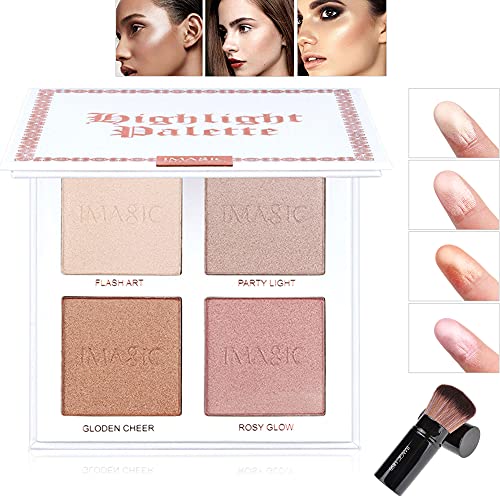 FANICEA 4 Colors Highlighter Palette with Brush Professional Waterproof Long Lasting Highly Pigmented Shimmer Natural Contour Highlight Face Pressed Powder Makeup Kit for Women Girls
