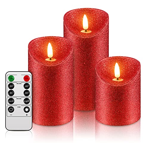 Tuanse Glitter Flameless Candles Wedding Led Votive Candles Battery Operated Remote Control Candles With Timer Set Of 3 For Wedding Party Decors Centerpiece Table Supplies (Red) #TOP4
