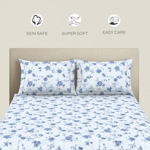 Image of Welspun Polycotton Double Bedsheets with 2 Pillow Covers Soft & Skin Safe Bed Sheets - Harmony | 120 Tc (Floral-Ice Blue)
