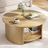 oneinmil Round Coffee Table, Living Room Table with 2-Tier Storage, Thick Tabletop & Base, 80x80x45cm, for Living Room, Home Office, Small Space, Oak
