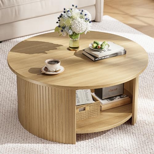 oneinmil Round Coffee Table, Living Room Table with 2-Tier Storage, Thick Tabletop & Base, 80x80x45cm, for Living Room, Home Office, Small Space, Oak