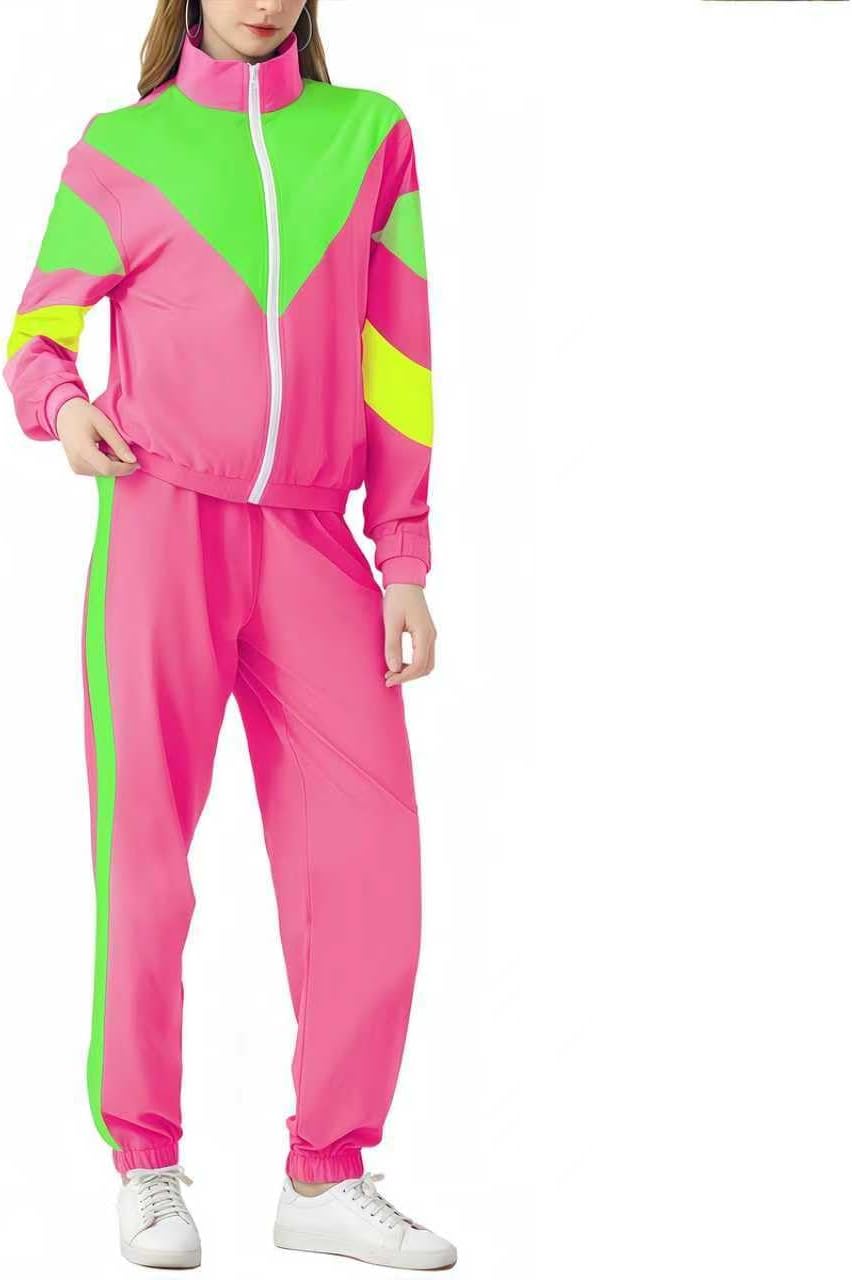 Aluvee 80s Track Suit Women Set 90s Windbreaker Outfit Retro Color Block Sportswear Set With Jacket Sweatpants
