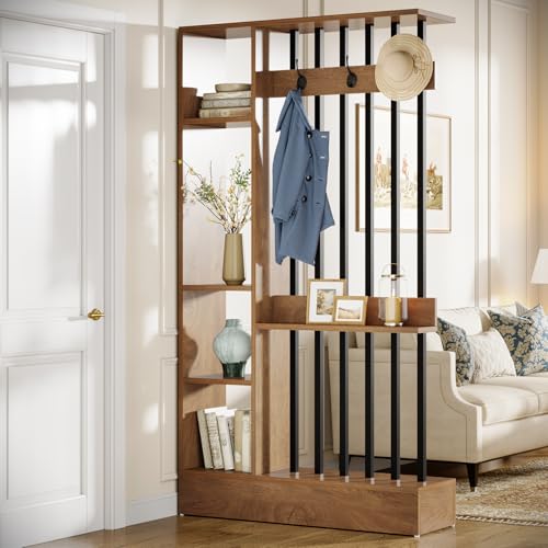 Tribesigns Wall Room Divider Wood Freestanding Room Divider Bookcase with Shelves & Coat Hooks 71 Modern Wall Partition for Home & Office Decorative Brown