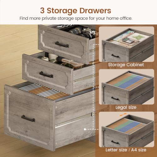 Image of SEDETA Farmhouse L Shaped Desk with Drawers, 70.9 inch Home Office Desk with Storage Cabinet and Storage Shelves, L Shaped Computer Desk with Power Outlet,Gray