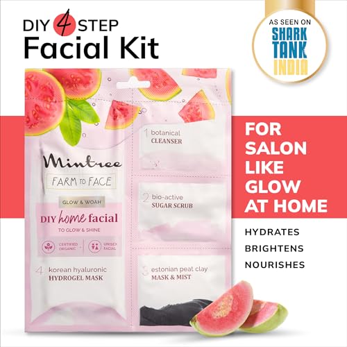 Image of Mintree Guava Brightening Home Facial Kit for De-Tan, Skin Radiant Glow & Intense Hydration with Korean Sheet Mask Collagen and European Peat Clay | Anti-Aging Skincare Facial kit for Women & Men for Glowing Skin