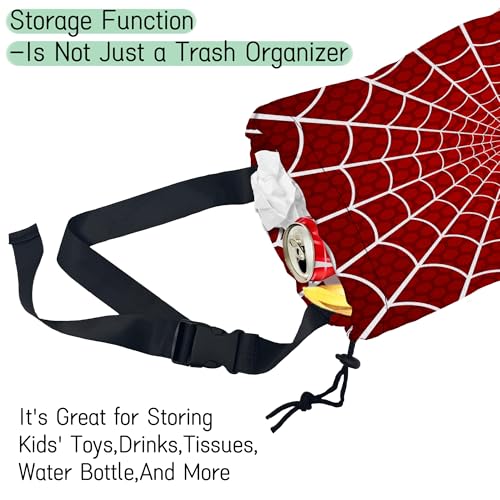 Image of Spider Web on Red Car Garbage Bag,Waterproof Small Car Trash Bag Hanging Back of Seat,Drawstring Hanging Car Trash Bag with Adjustable Buckle for Car Accessories