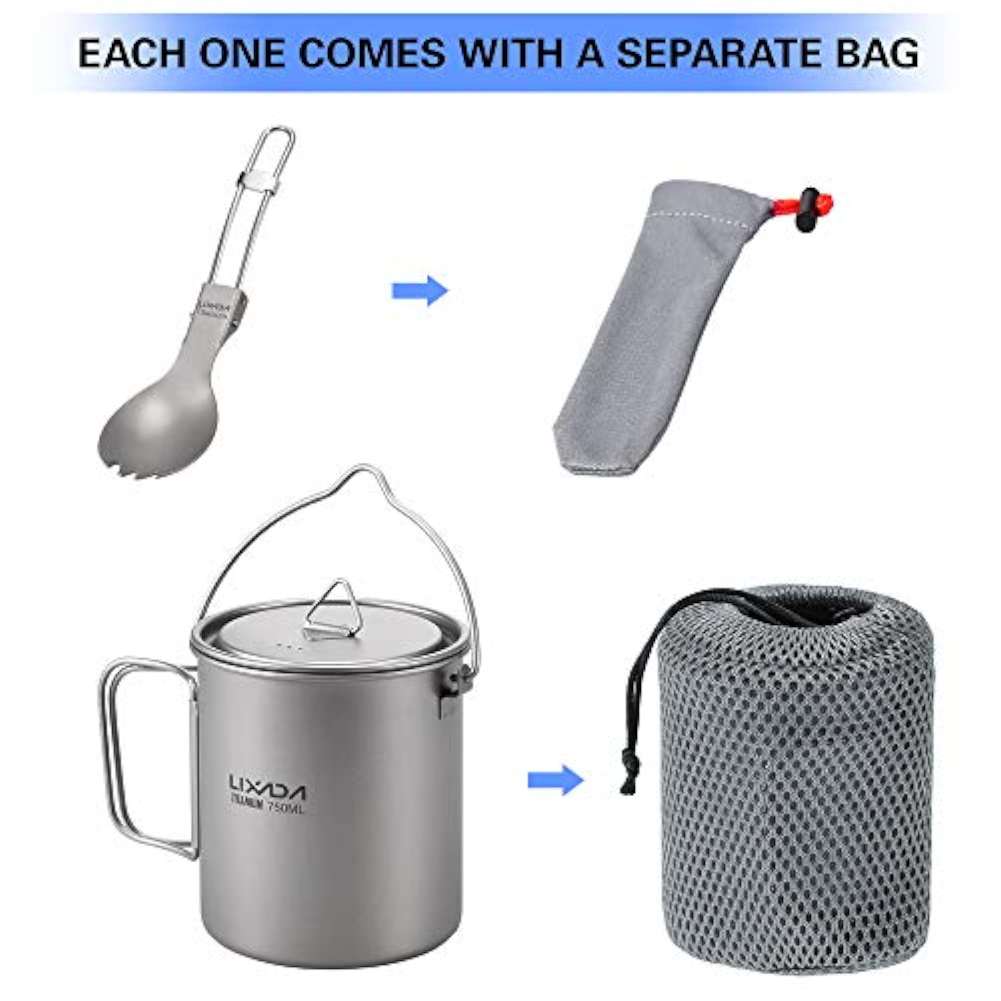 Lightweight Titanium 750ml Pot with Folding Spork, Outdoor Camping