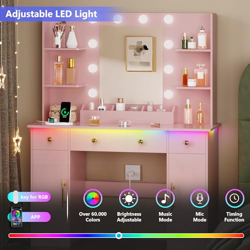Image of HUANLEGO Vanity Desk with Mirror and Lights, Makeup Vanity with Mirror and LED Lights & Power Outlet, 3 Drawers and Cabinets, 3 Lighting Modes Dressing Table Set for Girls Women Bedroom,Pink