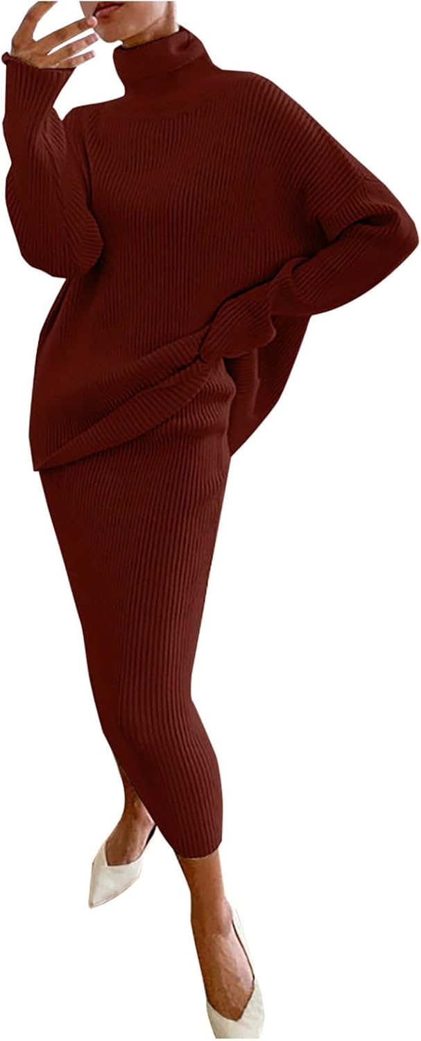 Womens Knit Turtleneck Sweater Top and Long Skirt 2 Piece Outfits Casual Sexy Long Sleeve Ribbed Soft Warm Sweater Set