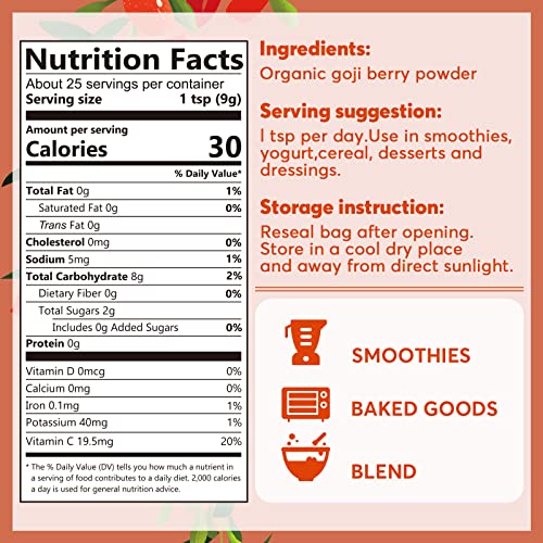 Sungiven Goji Berry Powder, Organic, Premium Goji Berry, Origin From Ningxia Plain, Natural Superfood, Vitamin C For Antioxidant, Eye Health, Non-Gmo, Kosher, Gluten-Free, Sulfite-Free, 8 Oz (227 G) #TOP1