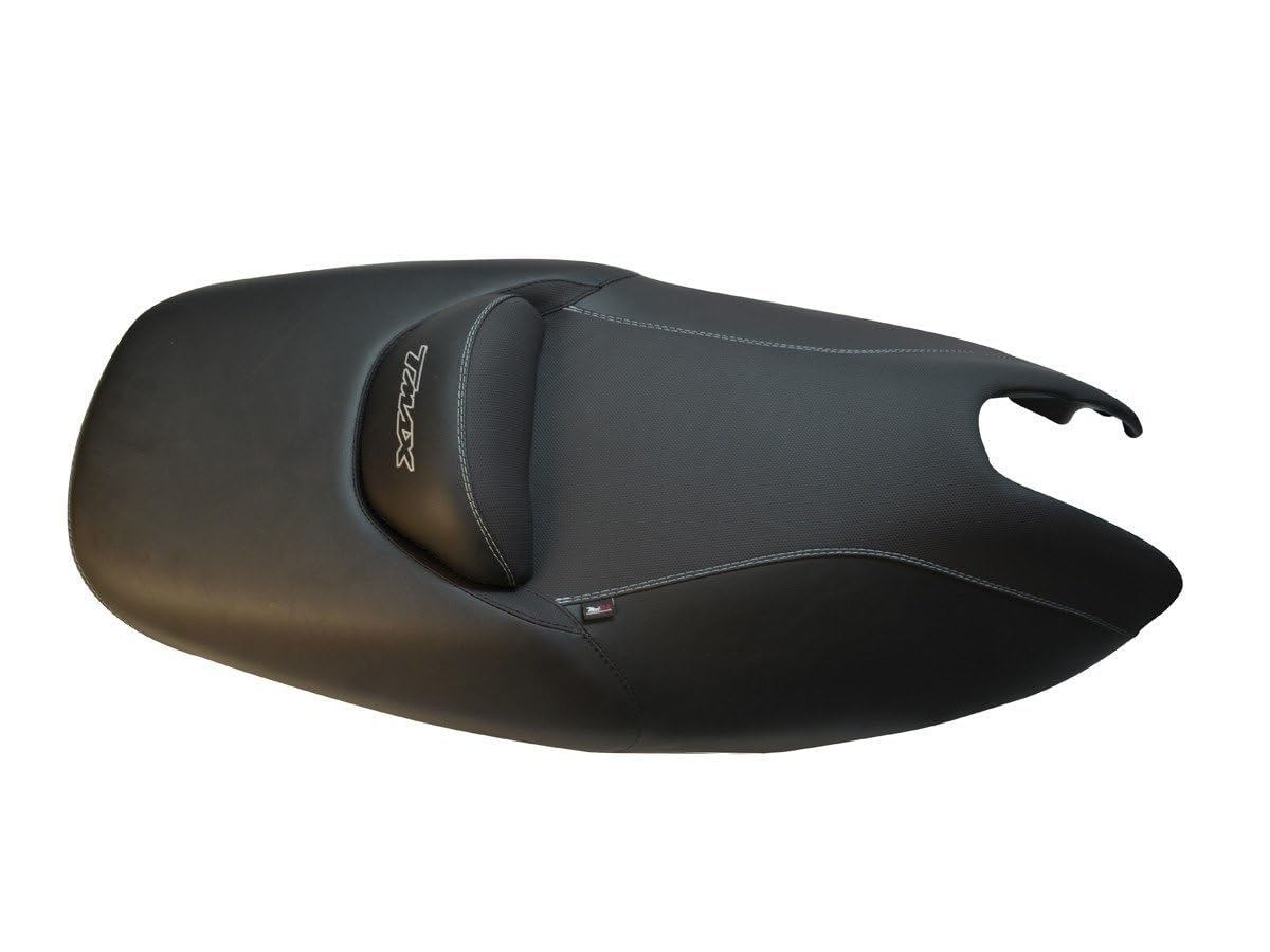 Funda de Asiento Compatible con Yamaha T-MAX 500 2001-2007 Color Negro con Costuras Grises y Logo Gris