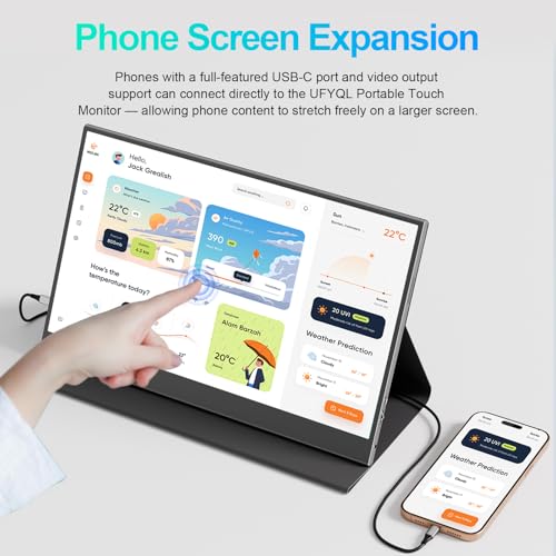 Image of UFYQL 10-Point Touch Portable Monitor, 15.6 inch 1080P FHD IPS Screen, Aluminum Alloy Body with Smart Protective Cover, Dual USB-C & Mini HDMI Ports, VESA Mount Holes, for Laptop, PC,Phone