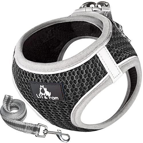 Lil&Fam 犬 ハーネス 胴輪 リードセット 身体に優しい 反射材付き メッシュ 小型犬 中型犬 猫 (ブラック, Mサイズ)