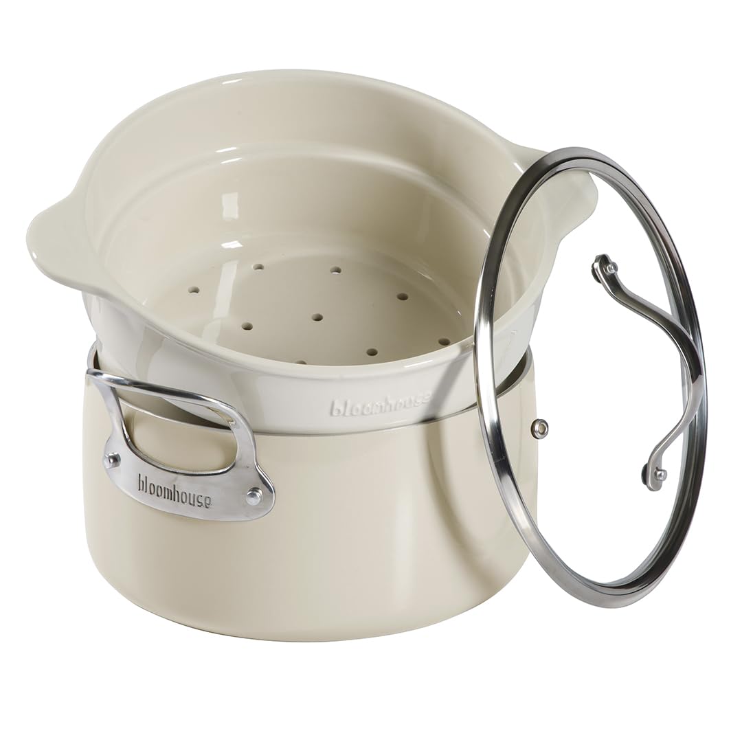 Bloomhouse 6-QT Aluminum Enamel Dutch Oven w/Non-Stick Non-Toxic Ceramic Interior and Ceramic Steamer Insert - Oat White