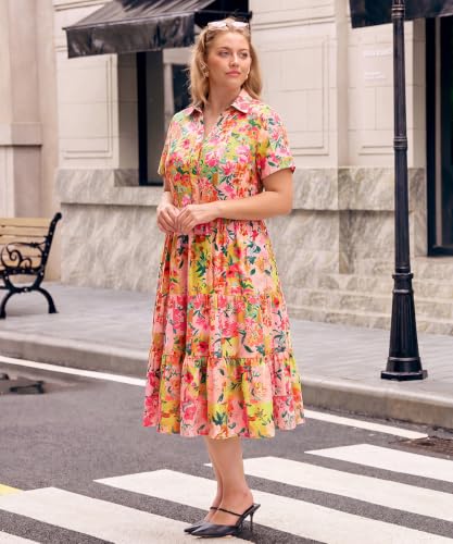 Image of CARCOS Plus Size Dresses for Curvy Women Collared Vneck Short Sleeve Dresses Midi Summer Ruffle Dress with Pocket XL-5XL