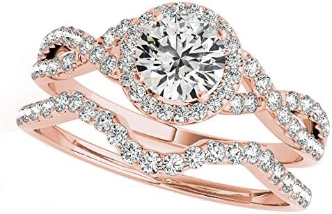 JewelMore 1/2 Carat Halo Diamond Engagement Bridal Ring Set 14K Solid Rose Gold (I-J/I2-I3)