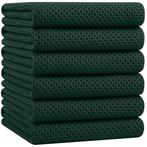 Image of Homaxy 100% Cotton Oversized Waffle Weave Kitchen Dish Towels, Ultra Soft Absorbent Quick Drying Cleaning Towel, 20 x 28 Inches, 6-Pack, Blackish Green