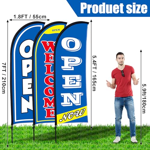 Image of Buryeah 3 Sets Now Open Feather Flag Banner for Business Advertising 7 Feet Tall Grand Opening Feather Flag Sign with Fiberglass Pole Kit Rotating Ground Spike and Portable Bag (Blue)