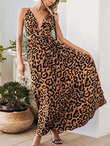 Cupshe Women's Animal Print Deep V Neck Maxi Length Dresses Criss Cross Summer Dress With Adjustable Straps, Leopard Large #TOP3