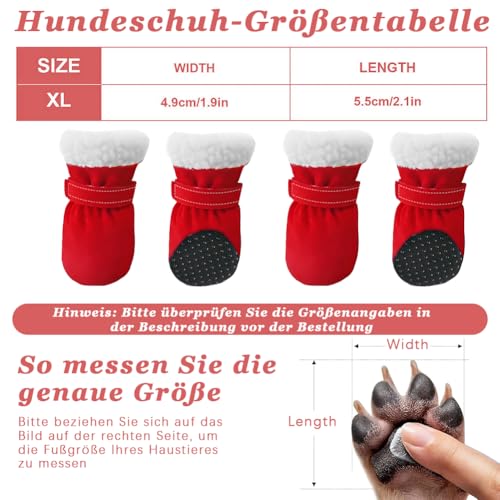 4 Stück Hundeschuhe Winter, Warm Hundeschuhe Pfotenschutz Outdoor mit Rutschfester Sohle, Verstellbarem Klettverschluss, Winter Schnee Hundestiefel für kleine, mittlere Sport im Freien (Rot)