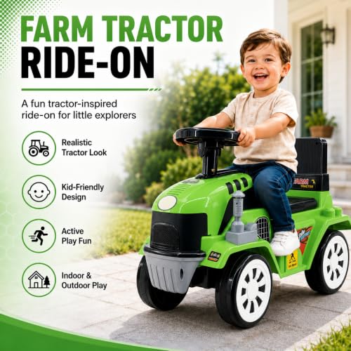 Image of Farm Tractor Ride On Toy for Kids 2-5 Years, Foot-to-Floor Manual Ride On with Comfortable Backrest, Easy-Grip Steering Wheel, Wide Wheels, Indoor & Outdoor Ride On Toy for Boys & Girls