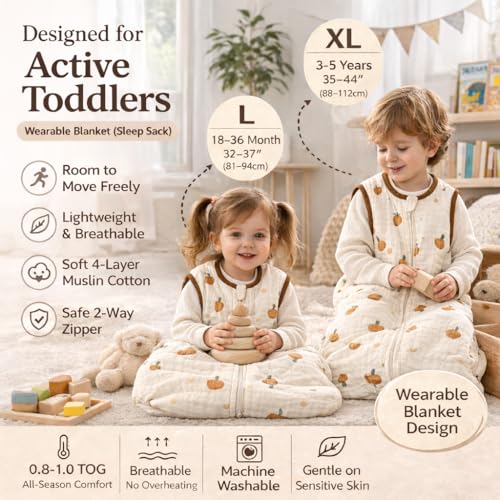 Image of Toddler Sleeping Sack 3-5 Years - Muslin Cotton Wearable Blanket, Sleeveless, Lightweight, Breathable, Roomy Fit, 0.8-1.0 TOG