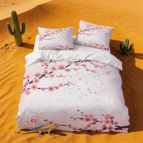 Parure de lit 140 x 200 simple Sakura housse couette microfibre doux 1 personne fleur rose