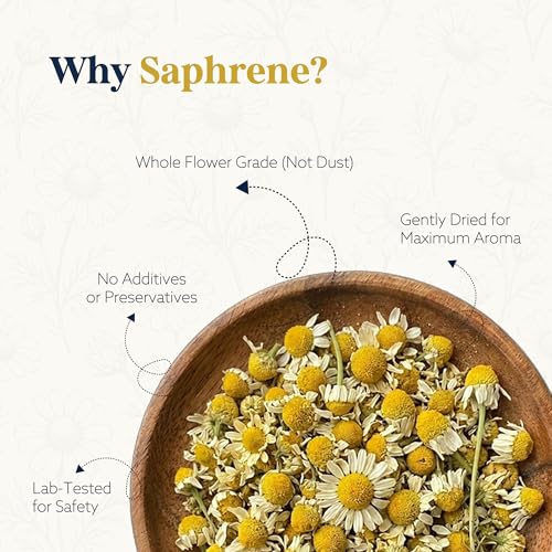 Image of Saphrene Chamomile Tea For Sleep & Relaxation - 50g | 100+ Cups of Caffeine-Free Herbal Tea | Naturally Rich in Antioxidants | Premium Whole Dried Chamomile Flowers | Calming Bedtime Tea