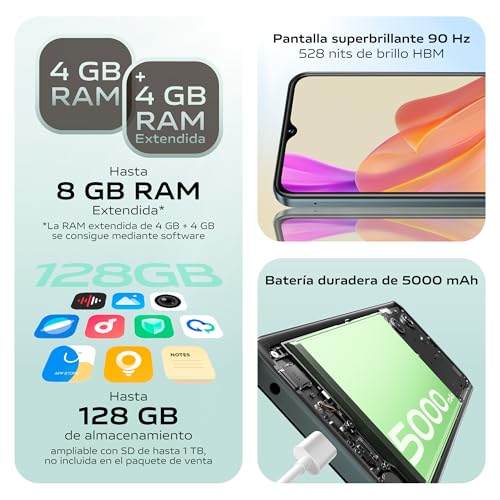 Y03, Teléfono Móvil 4 GB RAM + 128 GB ROM, Pantalla 6.56 Pulgadas 90 Hz, Batería 5000 mAh, Resistencia IP54, Cuerpo Delgado y curvatura 2.5D, Smartphone Android 14 - Imagen 3