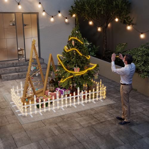 XMTECH LED Weihnachtsbaum Zaun 2,8 m, 8 Stück dekorativer Lattenzaun mit 8 Lichtmodi, warmweiße Beleuchtung, IP44 wasserdicht, flexibler Zaun für Haustiere, Garten, Wohnzimmer, Weihnachtsdekoration