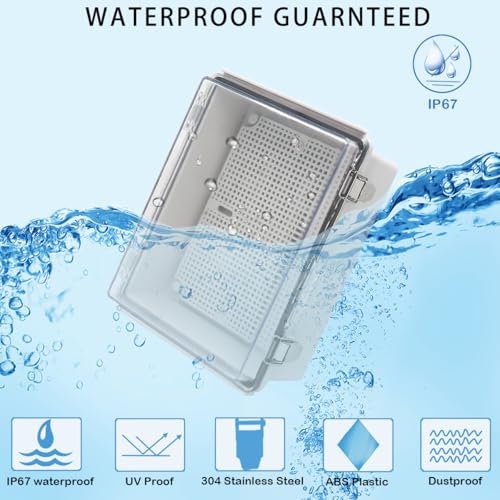Image of Zulkit Junction Box IP67 Waterproof Electrical Box Hinged Clear Cover Stainless Steel Latch Plastic Enclosure for Project w Mounting Plate Wall Bracket and 2 Cable Gland 8.7 inchx6.7 inchx4.3 inch /220x170x110mm