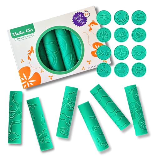 VALIA CO. Textured Play Dough Roller Stamps for Modeling Dough and Clay, Pond Art Preschool Toy, Easy Clean Silicone Hand Grip for Kids, Playdough Tools Set Ages 3+, Safe for Baking and Crafts