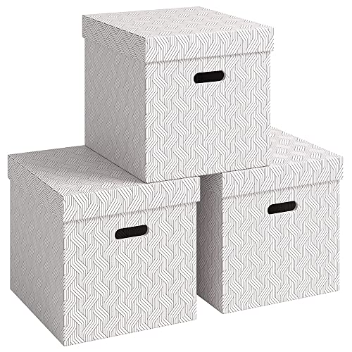 VON Leitz 3er Set Aufbewahrungsbox mit Deckel, 29 L, Gro&szlig;, 100 % Recyclingkarton, Geometrisches Design, F&uuml;r Schule, Studium und Haushalt, Wei&szlig;, 3 St&uuml;ck, 61430001
