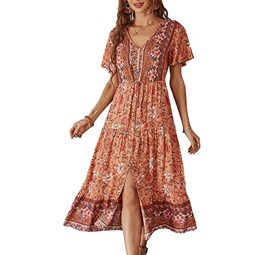 Robes D'été Bohème pour Femme, Robes de Plage à Manches Courtes à Fleurs Robe Bohème à Col en V Robe Longue Taille Haute Robe Longue à Fleurs Robe Décontractée avec Bouton(XL-orange) Cover