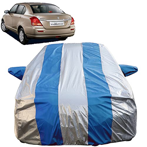 Image of Autofact Waterproof Car Body Cover Compatible with Maruti Swift Dzire (2005 to 2011) with Mirror Pockets (Blue Stripes with Shinning Silver Fabric /Waterproof Cover)