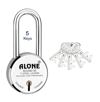 Alone Round Padlock Small Size 50mm Long Shackle 5 Keys Padlock | 7 Levers Double Locking | Lock and Keys for Home Door Grill Gate Shop Shutter, Chrome Finish (Pack of 1)