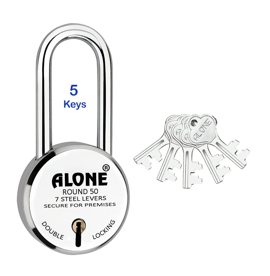 50mm New Round Lock | Long Shackle | Steel Body | Double Locking | 8 Steel Levers 5 Keys | Small Lock and Keys for Home Door Gate Shop | Made in India | Door Padlock | Chrome Finish (Pack of 1) (B0C56QR37V) Amazon Price History, Amazon Price Tracker