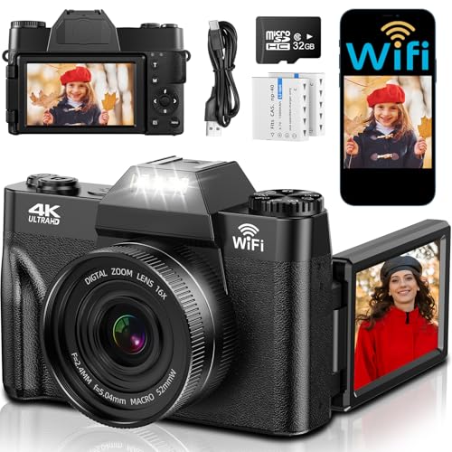 4K Digitalkamera mit WLAN, 75MP Kompaktkameras - 3 Inch 180 Grad Autofokus Wiederaufladbare Vlogging Fotoapparat Kamera mit WiFi 32GB Karte &2 Akkus, 16X Digitalzoom für Anfänger