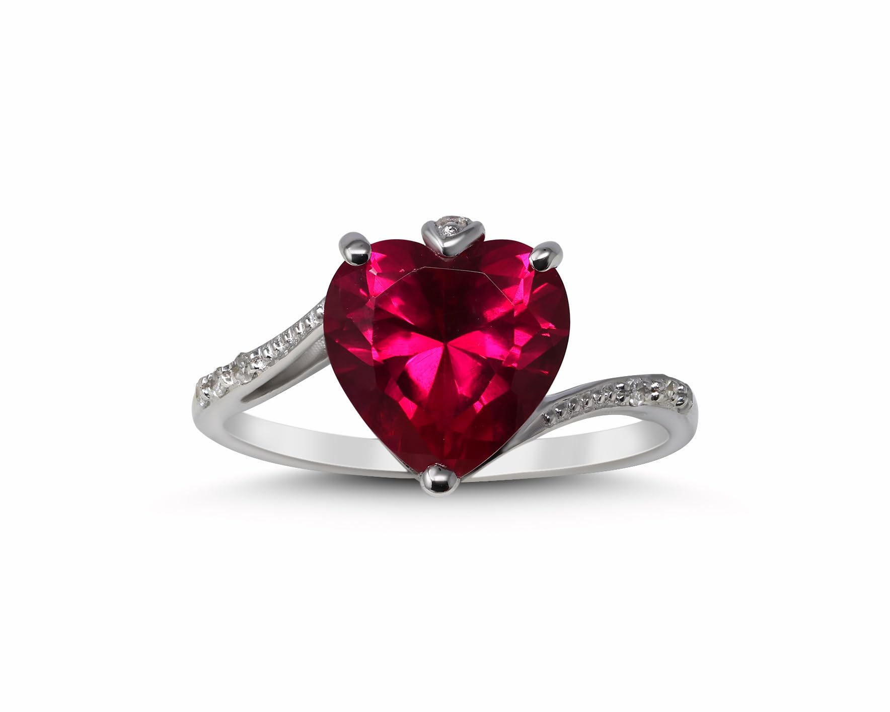 ORO LEONI 10K White Gold Lab Created Ruby 9mm Heart, Diamond Ring