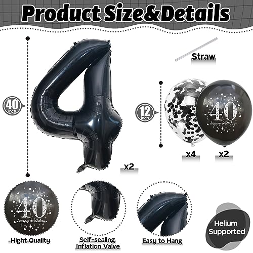 Image of 40th Birthday Balloons, Black 40th Birthday Decoration for Women with Large Foil 40 Number Balloons 12 Inch Birthday Print Confetti Balloon Metallic Balloons for 40th Birthday Decorations Men
