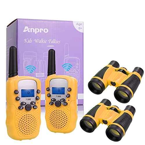 Anpro 2Stk Walkie Talkie Set mit 2Stk 5x30 Ferngläser, Kinder Funkgeräte 1-3KM Reichweite 8 Kanäle 2-Wege-Radio-Spielzeug mit Taschenlampe LCD Bildschirm Geschenk für Kinder, Gelb Cover