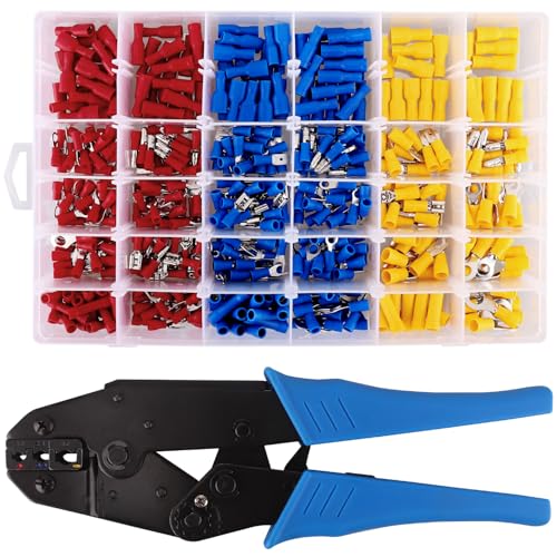 Pluworks Crimpadora de arame com conectores elétricos, alicate de terminais ajustável com 500 peças terminais elétricos Fastons