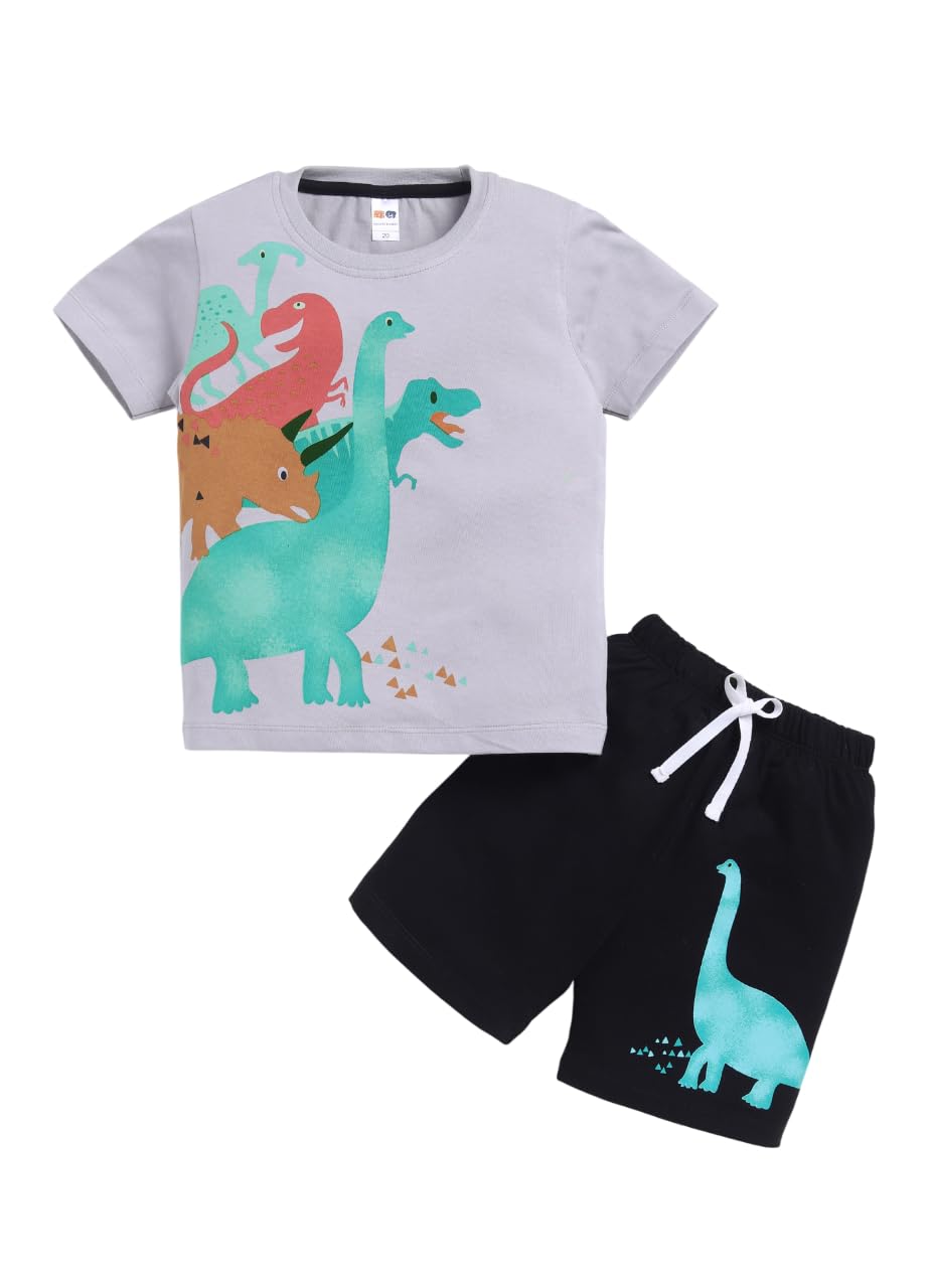 LITTLE NINJA Cotton Half Sleeves Dinosaurs Printed Coordinating Tee & Shorts Set - Multi Colour