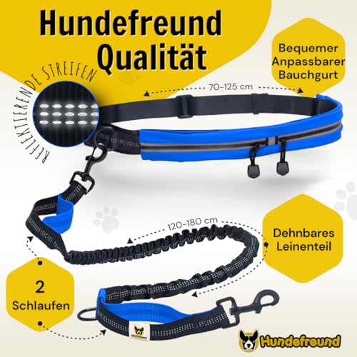 Hundefreund Joggingleine mit Bauchgurt Blau | Laufleine Elastisch Ruckdämpfend Reflektierend für mittelgroße und große Hunde bis 70 kg | Freie Hände zum Joggen Laufen Radfahren Wandern