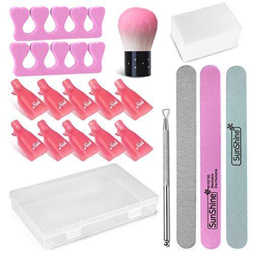 Nail Polish Gel Remover Tools Kit with 10 pcs Fingernail Gel Remover Clips, 50 pcs Nail Cotton Pads, 3 pcs Nail Files, Cuticle Peeler Scraper & Nail Dust Brush Remover Powder