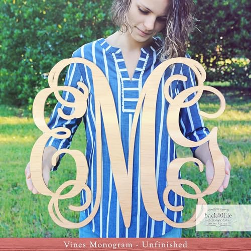 Unfinished Wood Letters Cutout DIY Decor Nursery - (Vines 3-Letter) Back40Life